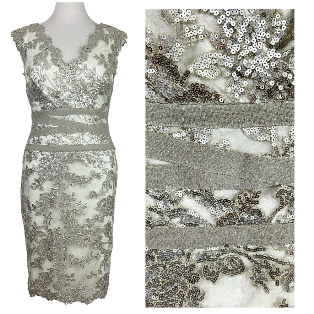 TADASHI SHOJI Sequin Pencil DRESS 14 Beige Silver Lace Coquette Wedding MIB